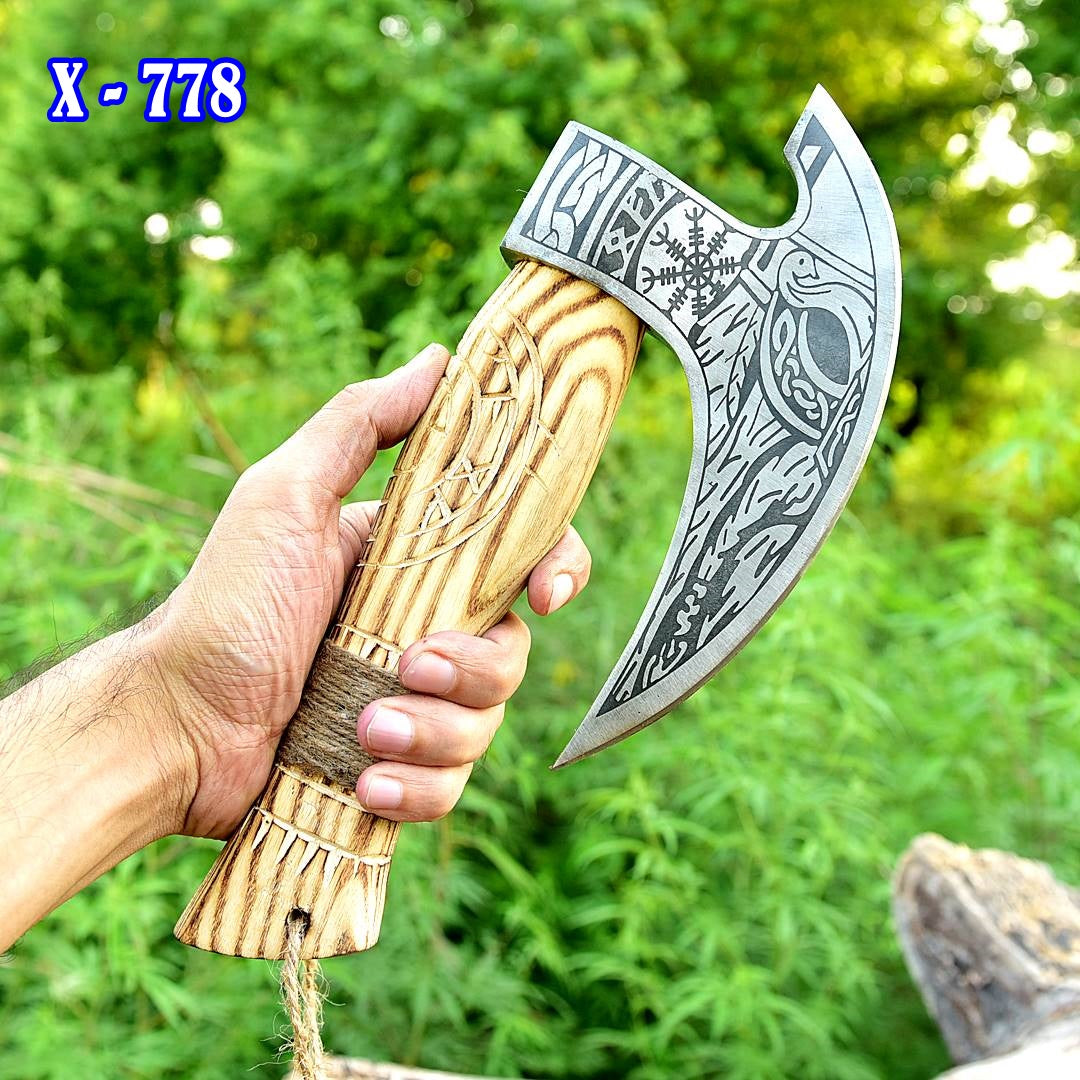 Forged Carbon Steel Pizza Cutter Axe with Burn Ash Wood Shaft