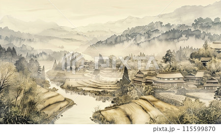 水墨画スタイルの静かな日本の村のイラスト素材 [115599870] - PIXTA