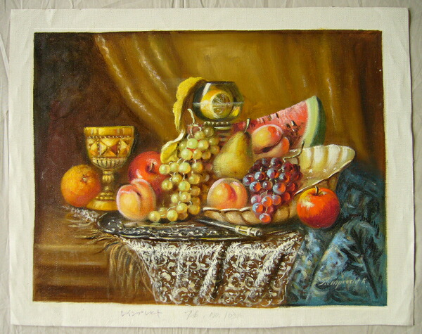 絵画額付 (白）油絵uF6-061104静物（果物）