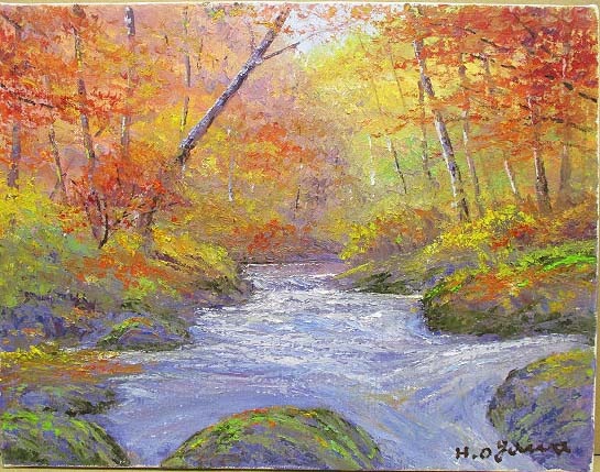 油彩画 洋画 (油絵額縁付きで納品対応可) P4号 「奥入瀬渓流」 羽沢