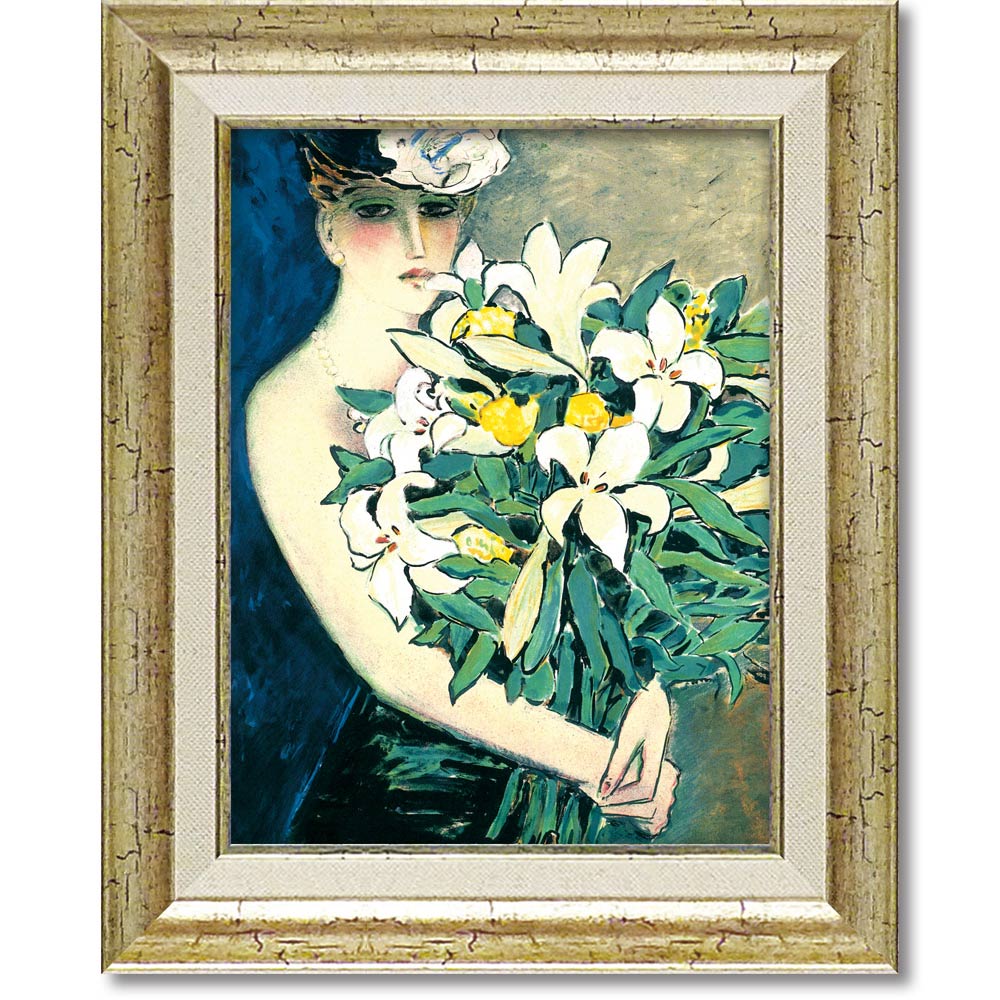 油絵 菅家令子 絵 絵画インテリア額付(青緑＋金色の枠) F3-010111女性