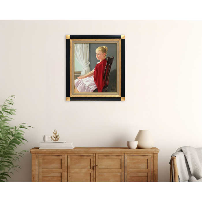 絵画油彩画少女山岸正巳「赤いカーデガン」