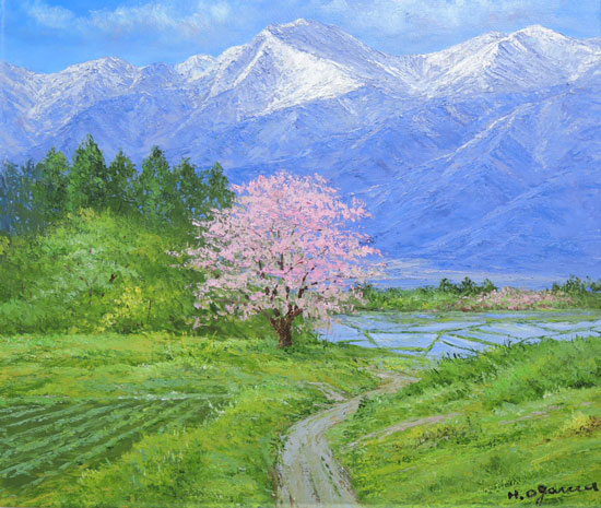 肉筆油絵(額付き)駒ヶ岳の春1980年汪