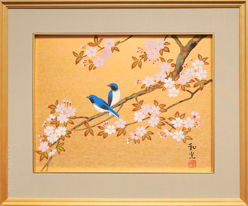 8月特価】掛け軸 花 鳥 日本画 花鳥 絵の部分きれいな状態です 印有り