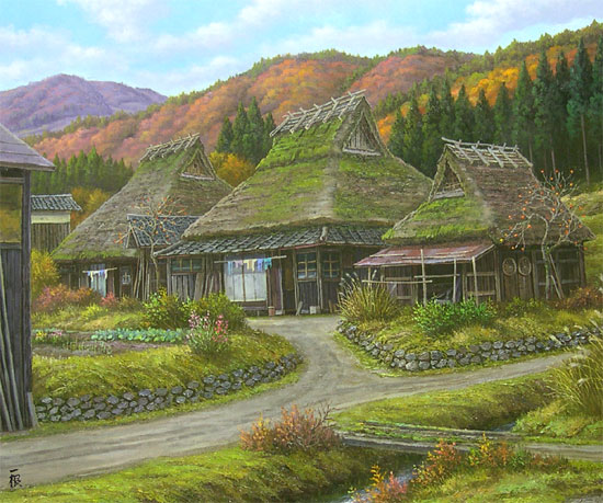 真作」猿渡一根『秋色の民家』 風景画 油彩画 額装 サイン有り F10号