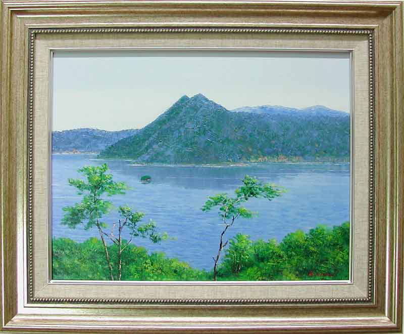 無題 山と湖の風景画 油絵さわやか サイン有り 無題 山と湖の風景画