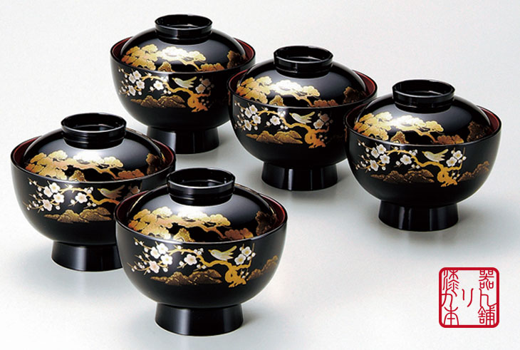 楽天市場】雑煮椀 ふた付き 5客セット 山水蒔絵4.0雑煮椀揃 黒内朱