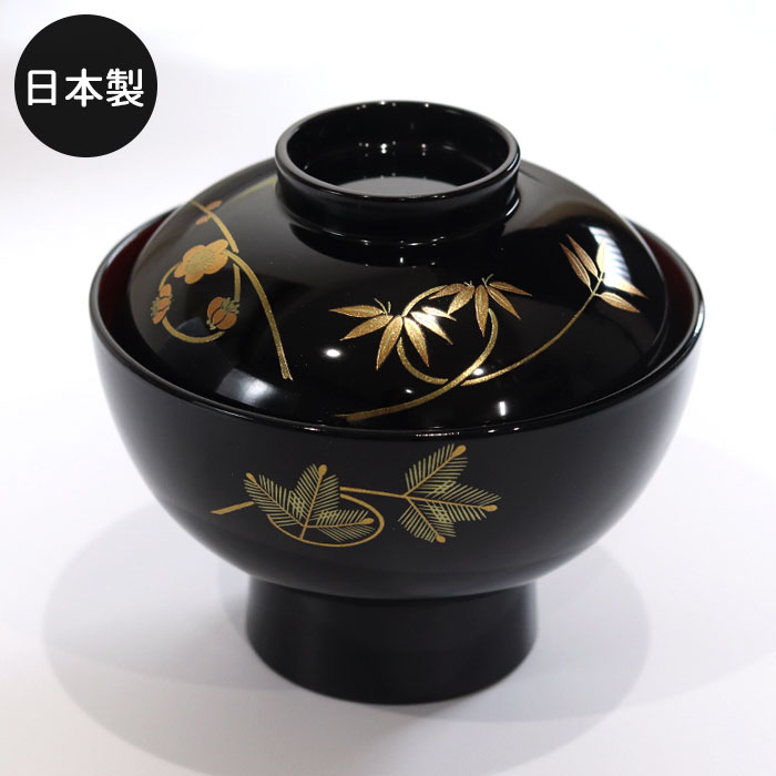 漆器 蓋付 椀5客セット 金色の松竹梅 花模様 赤黒漆器 蓋付き椀 金色竹