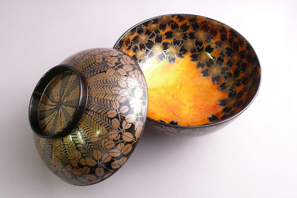 漆器 椀 5個セット 金箔 紫の花模様 蓋付き 漆器 椀 5個