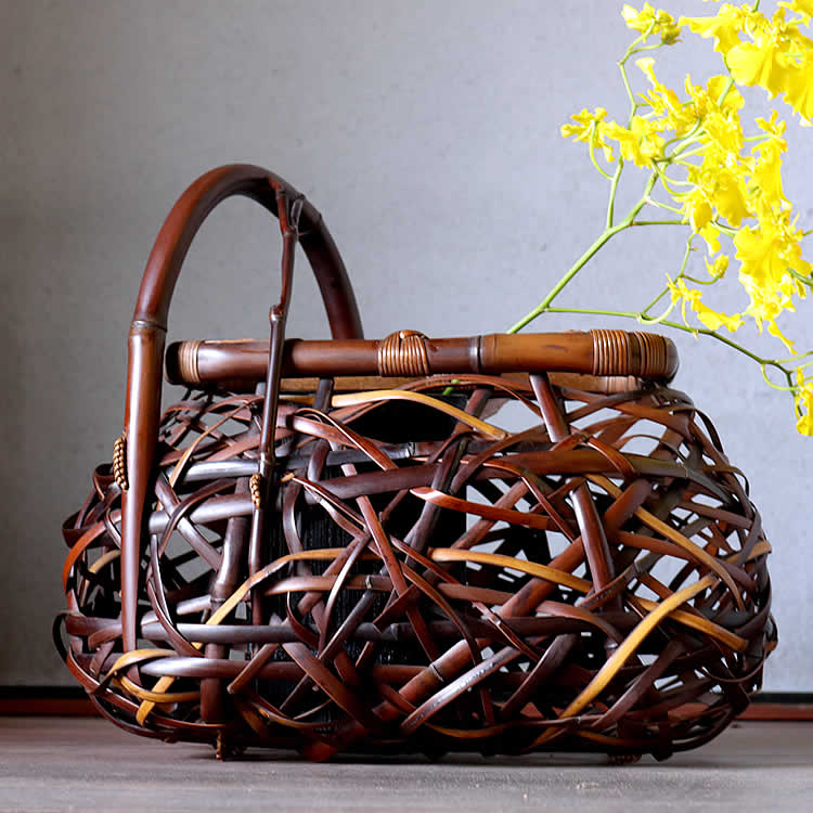 花籠 花入れ 花器 在銘 作家物 華道 生花 花生 真竹 みだれ編み ア23