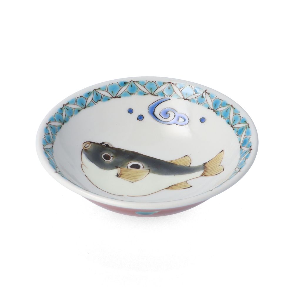 九谷焼 山田義明作 魚文 組盃 三客 共箱 M R4581 九谷焼 山田義明作 魚