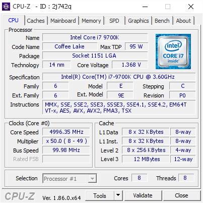 Intel Core i7 9700K @ 4996.35 MHz - CPU-Z VALIDATOR