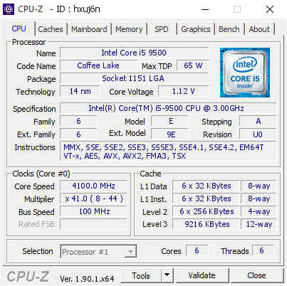 Intel Core i5 9500 @ 4100 MHz - CPU-Z VALIDATOR