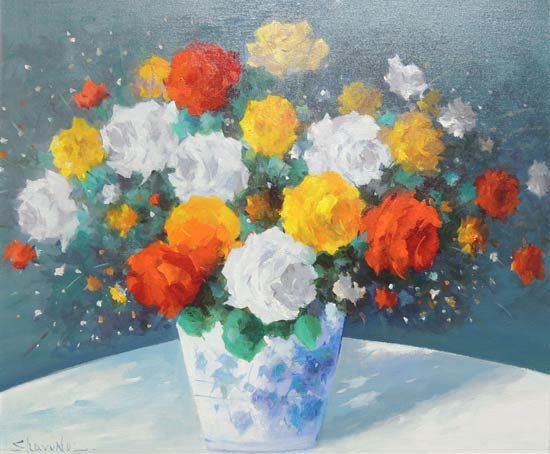 田渕眞兒 油絵 油彩 抽象画シリーズ No.10- 花と壺 田渕眞兒 油絵 油彩