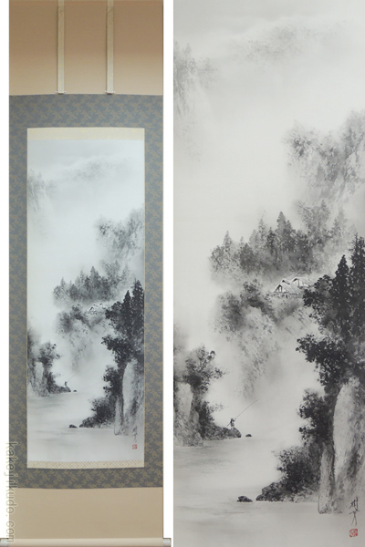 ☆美品☆掛軸 風景画 モノクロ☆ 掛け軸 水墨山水 (中沢樹芳) （掛軸