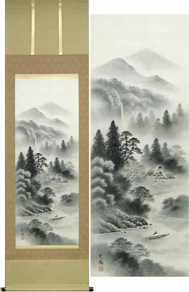 山水の掛け軸 木村挙山作 水墨山水｜日本画 掛け軸(水墨画)
