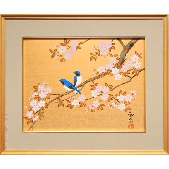 11-233)日本画作品集 小鳥と花の絵画4点色紙サイズ 11-233)日本画作品