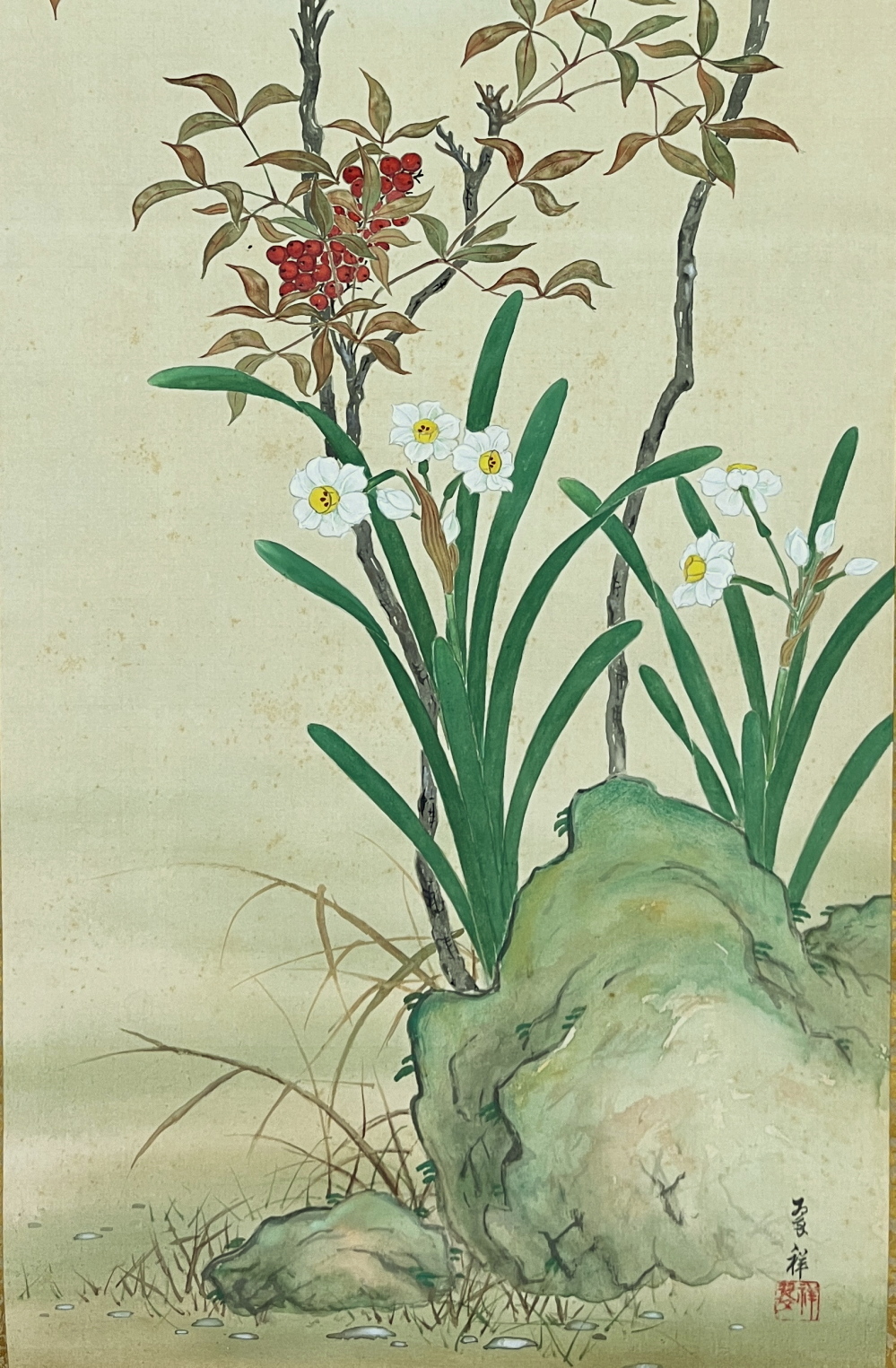 中国画・慈禧太后 花瓶宮花屏 四尺中堂 掛け軸／防偽仕様 慈禧太后的