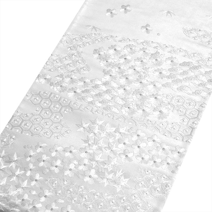 美品 袋帯 オフホワイト 箔糸 流水 牡丹 梅 松 菊 吉祥文様 4m31cm