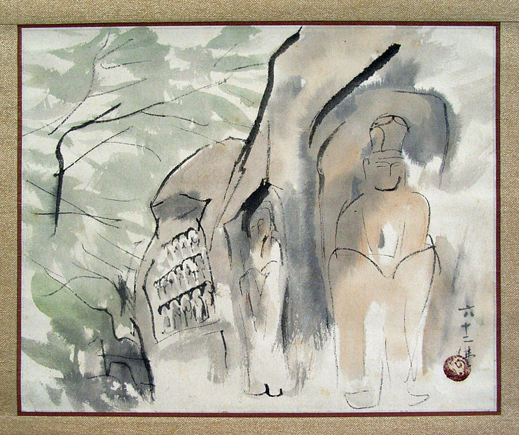 No3711額装川端龍子熊笹に貝図絹本在銘落款日本画絵画送料無料