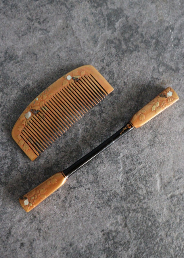 蒔絵櫛・笄セット 漆器 髪飾り 色漆 和装小物 伝統工芸 Antique Sam's