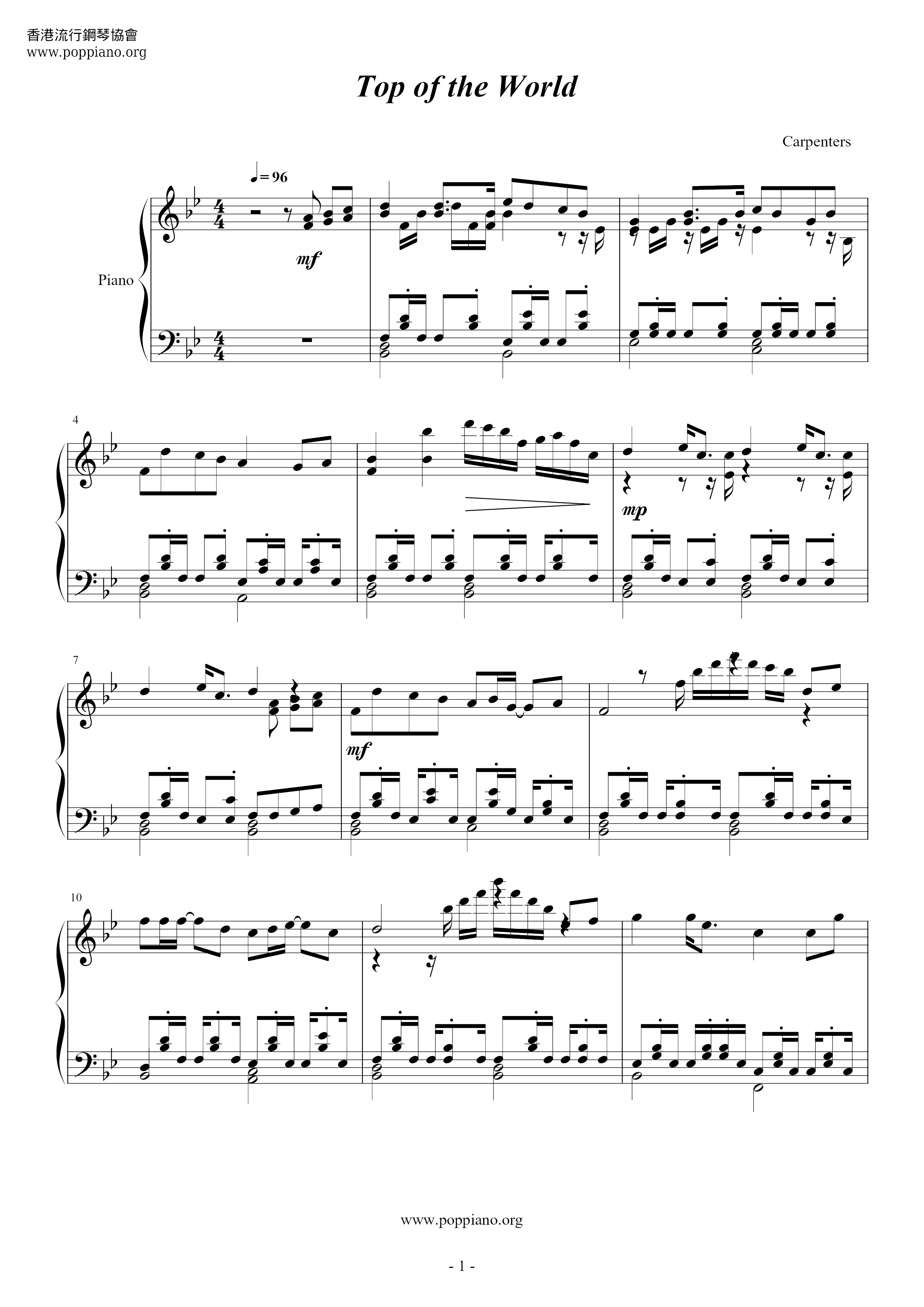 ☆ Carpenters-Top Of The World Sheet Music pdf, -トップ・オブ・ザ