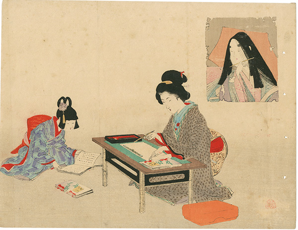 口絵木版画、小説日本女禮式大全の口絵二枚売りになります。水野年方と