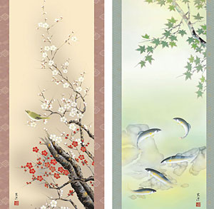 2204 「四季花鳥」 共箱 肉筆 紙本 日本画 掛軸 おもてなし 2204