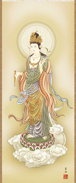 掛け軸 林宗雲 輪青転黄封印図 龍上観音像 絹本 希少 軸装