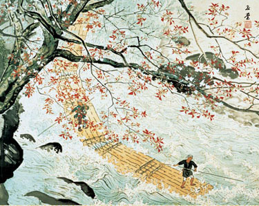 川合玉堂紙本水墨山水画【山間の渓流】肉筆画掛軸一幅軸先骨285