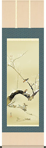 絹本双幅 酒井抱一 「紅梅小禽雪中雀図二幅対」三つ葉葵表装 共箱 掛軸