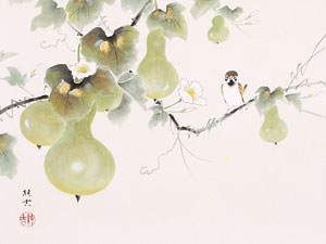 花鳥の掛け軸 佐藤純吉作 六瓢息災