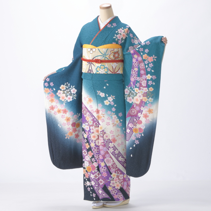 f0816068r】【グリーン系】振袖 レンタル フルセット Mサイズ 【状態:A