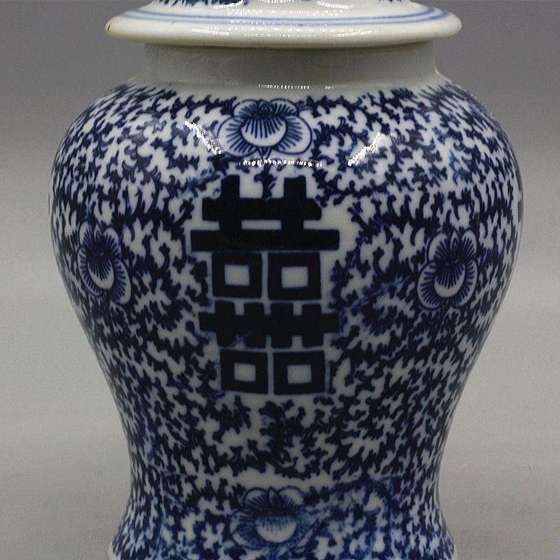 青花喜字円缶茶缶 貯蔵缶 景徳鎮 陶磁器 装飾品 現代工芸品 美術品