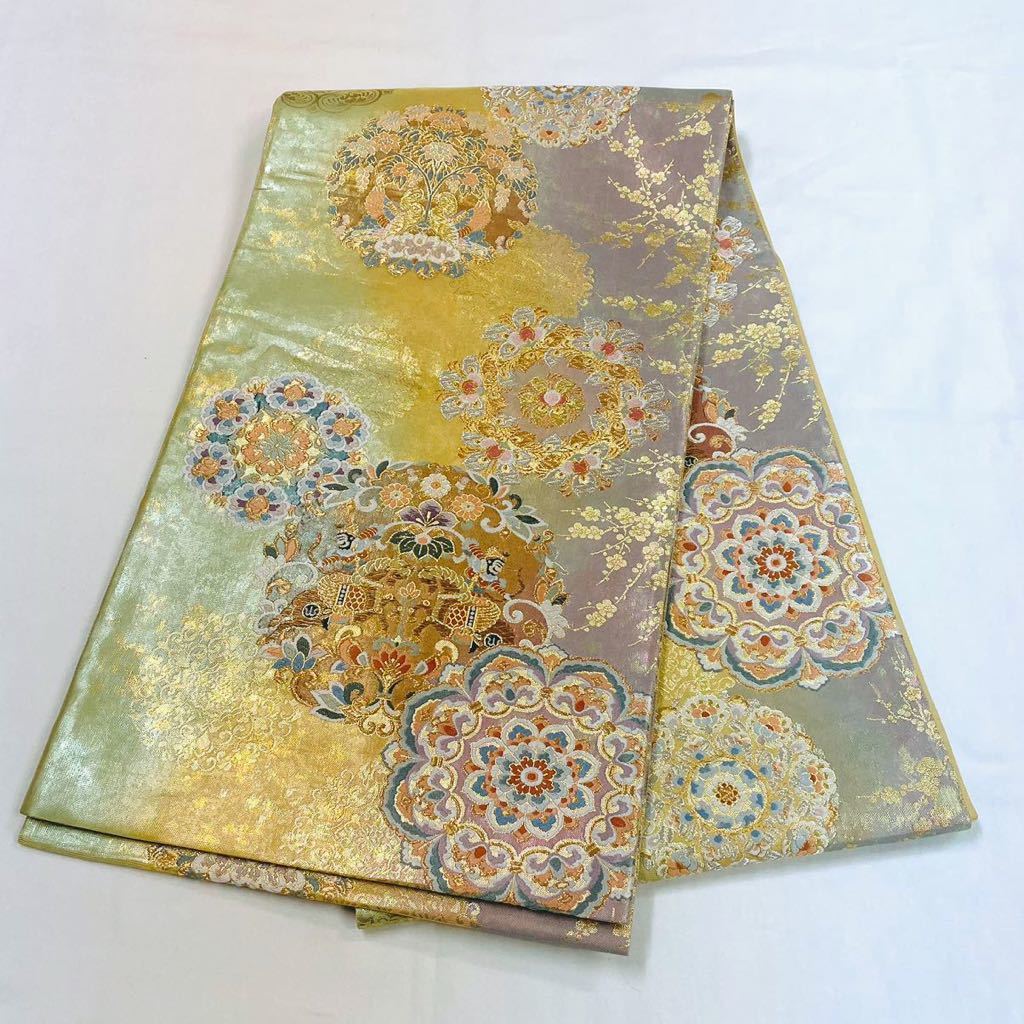 着物月花 唐織 引箔 獅子狩華文様 袋帯 六通柄 正絹 金銀糸