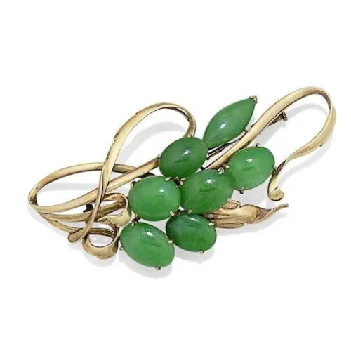 ヴィンテージ希少ネフライト 緑色の葉と実のブローチ 18k ヴィンテージ