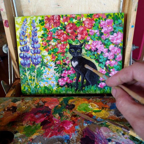 原画#3097 黒猫 猫 薔薇 花 水彩画 ドローイング インテリア アート 絵