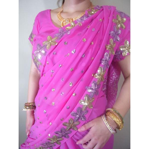 インドサリー豪華な刺繍ピンクシフォン民族衣装