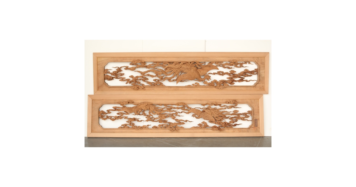 雲海鳳凰図 木彫欄間 2枚1組 R0288｜骨董店 のびる 古美術 骨董 和風