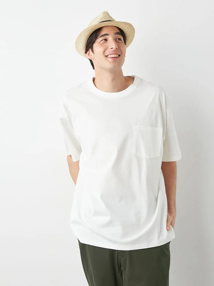 ホワイト 【EL.FO(エルフォ)】無地ポケット付きタフ衿クルーネック半袖