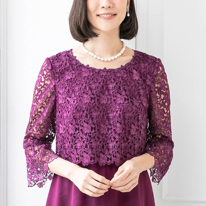 レース×オーガンのフレアーワンピース 7号・ボルドー｜東京ソワール