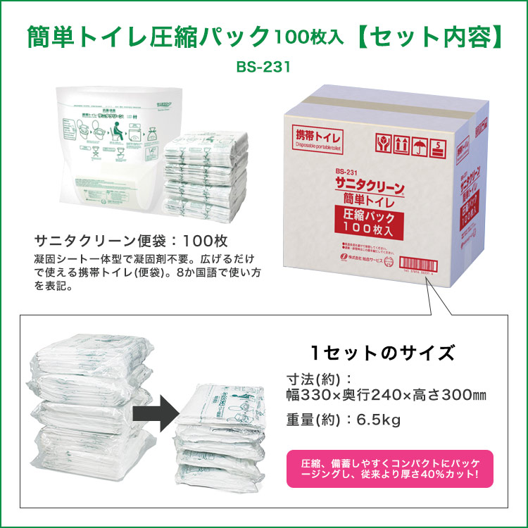 サニタクリーン 簡単トイレ 圧縮パック 100回分 BS-231 ｜ あんしんの
