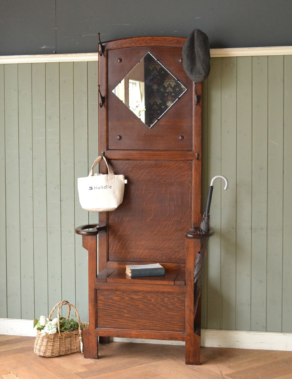 イギリスアンティーク ホールスタンド ベンチ・ミラー付き 玄関用