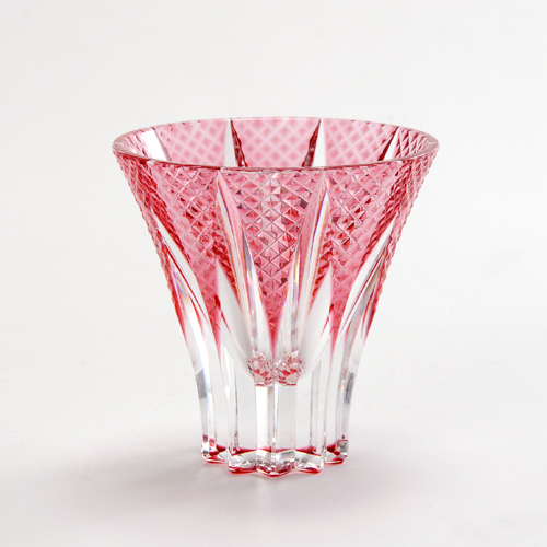 江戸切子 堀口硝子✩秀石 金赤色被せ 八角籠目 蓋物 【 美品 】 江戸