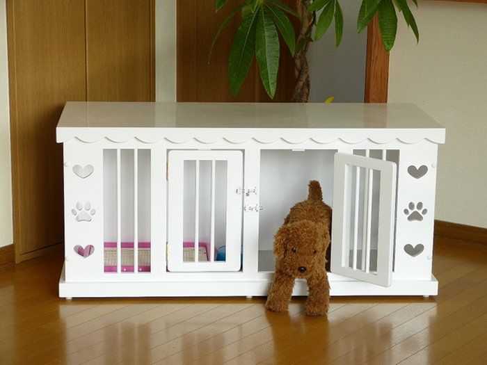 木製ドッグハウス 2部屋 モダンな室内犬小屋、家具調キャスター付き