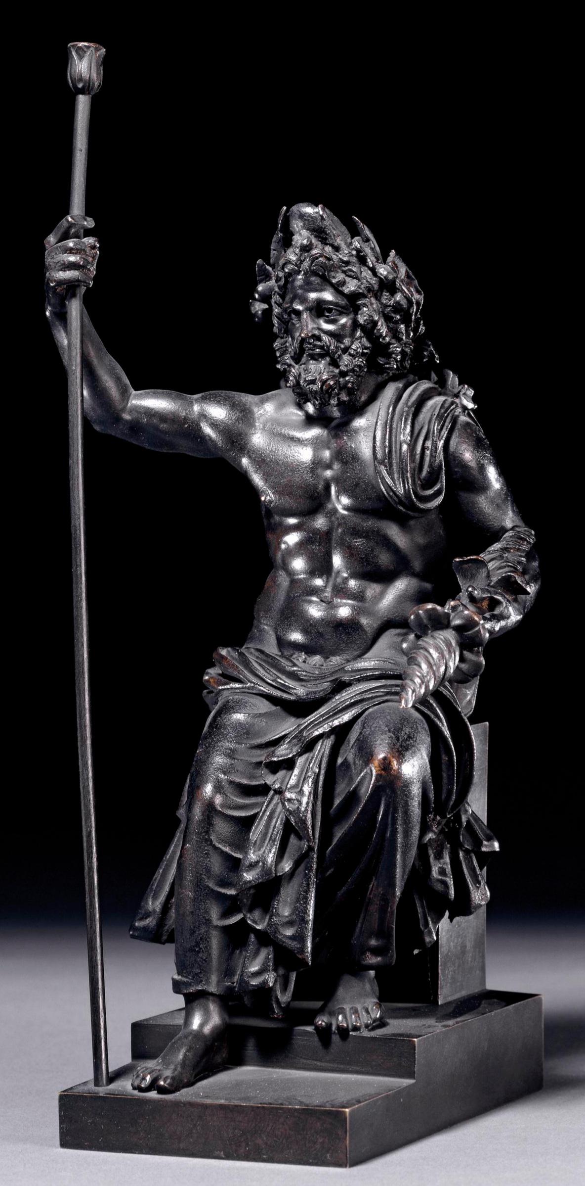 ローマのブロンズ像、ユピテルが王笏と雷霆を持っている。1世紀から2