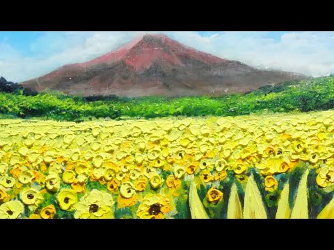 油絵 絵画 【富士山が見えるひまわり畑】 油絵 絵画 ひまわり畑の