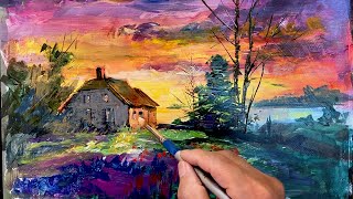 風景画 アクリル絵具 キャンバス river bridge sheep