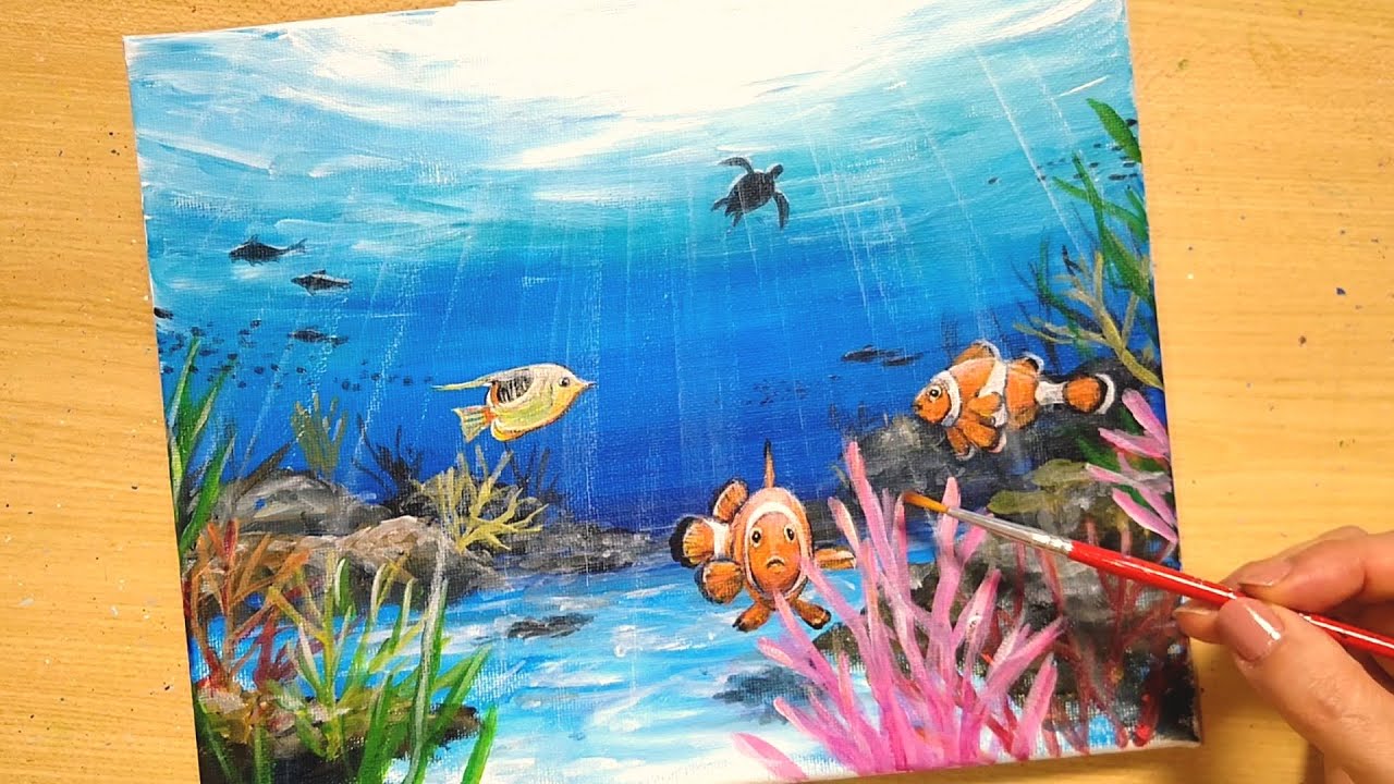 海中の世界③】アクリル画 F3 風景画 絵画 動物画 海の絵 海中の世界②