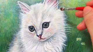 原画 「子猫と蝶 - 幸せな草原」 F6キャンバス（額付 / ゴールド系